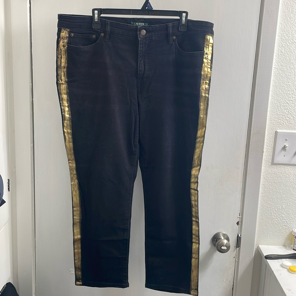 Lauren Ralph Lauren black classic straight ankle jeans w/ gold stripe, size 16